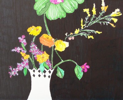 Various flowers in a vase on a black background